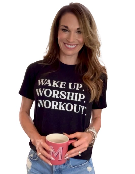 Wake Up. Worship. Workout. Short sleeve t-shirt