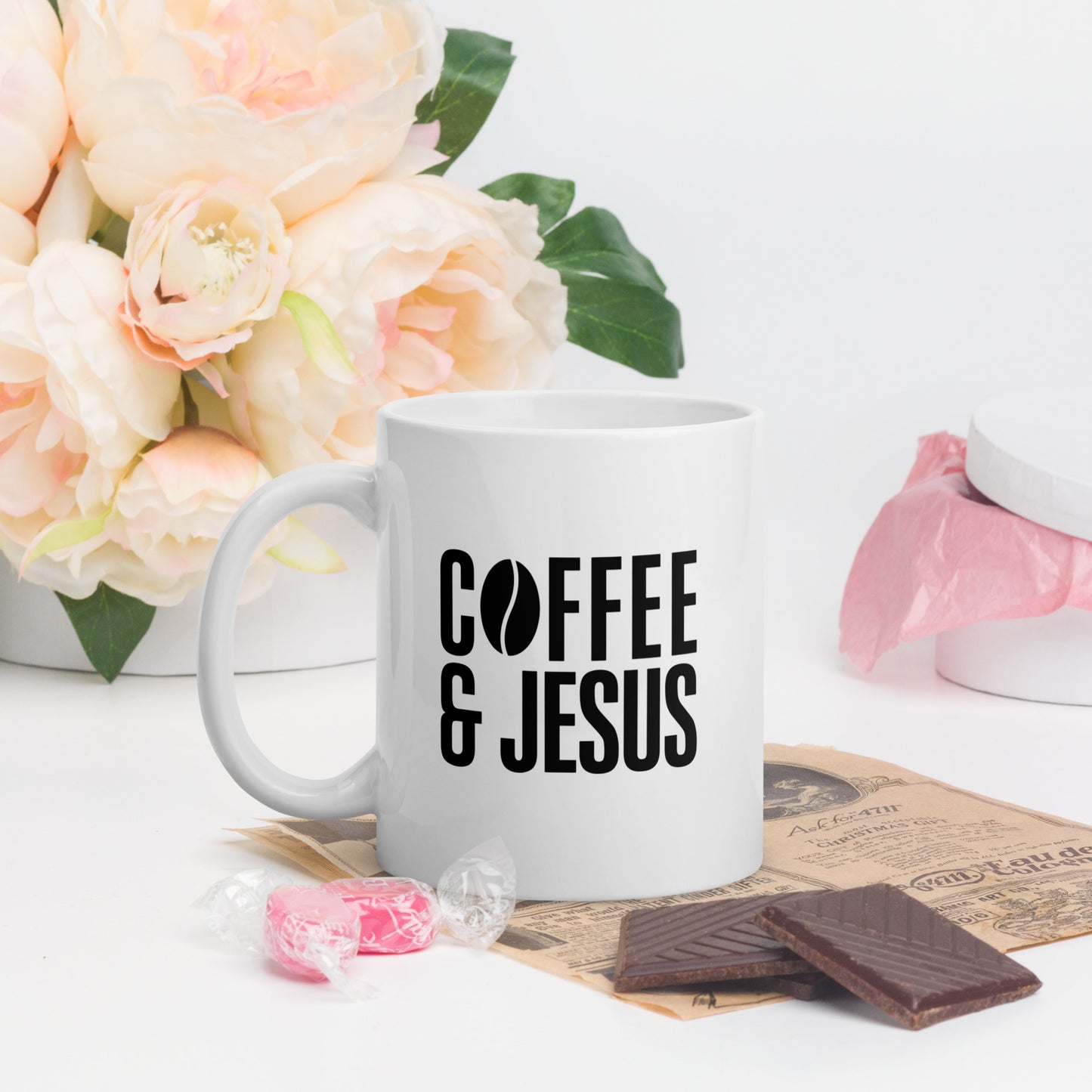 Coffee & Jesus White glossy mug