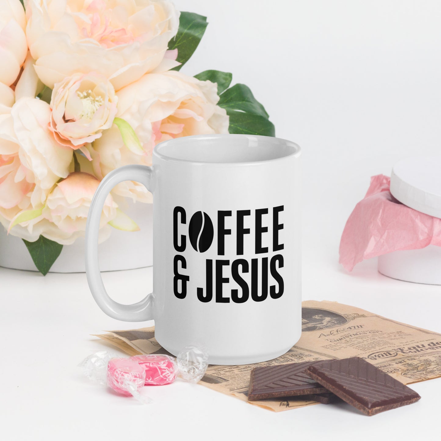 Coffee & Jesus White glossy mug