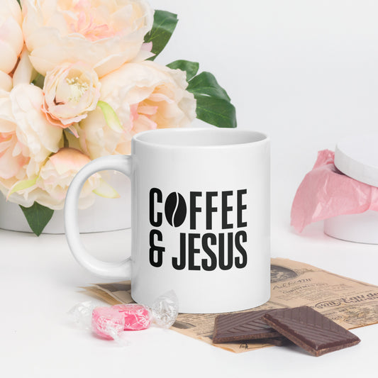 Coffee & Jesus White glossy mug